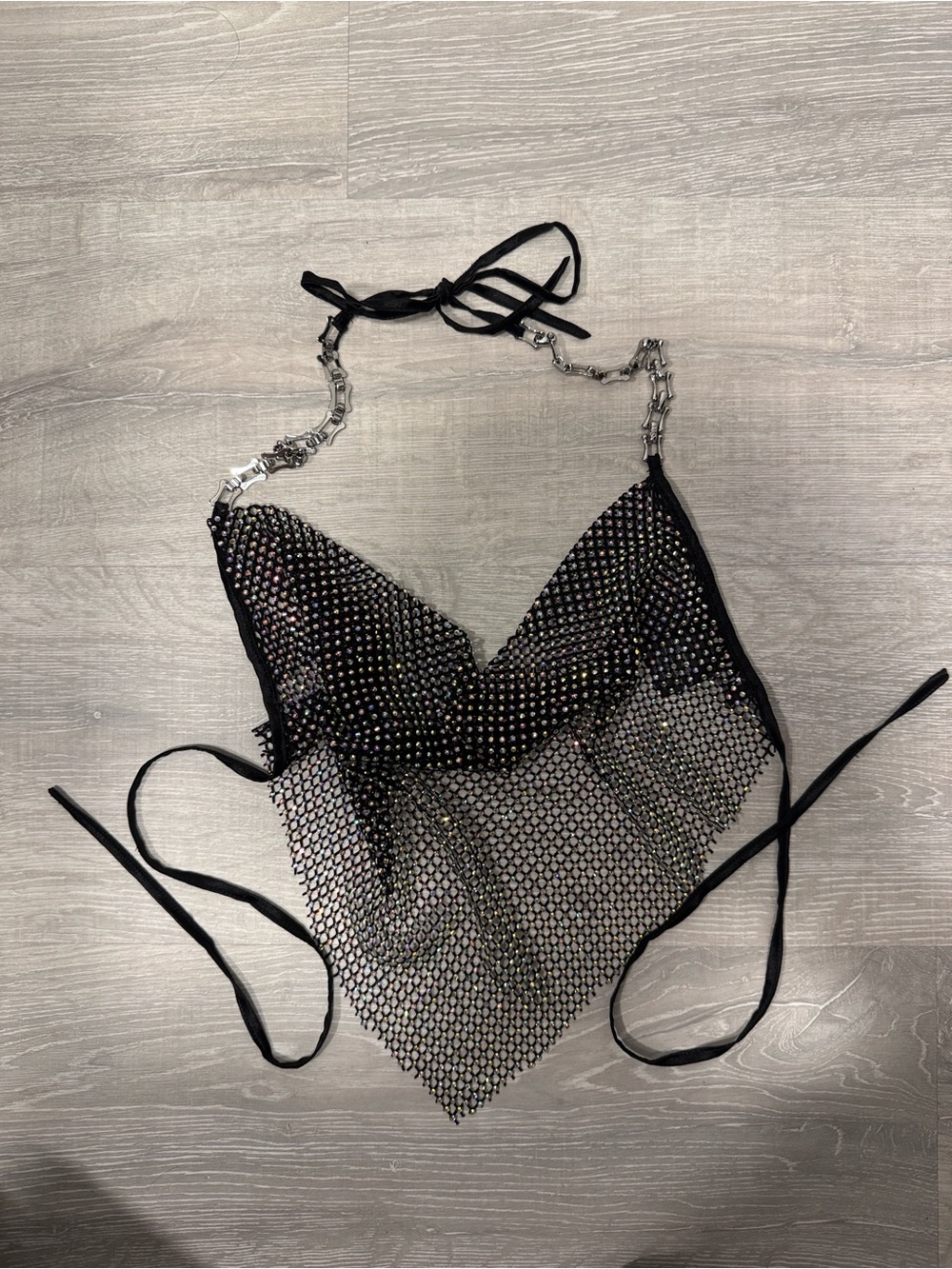 I.AM.GIA Black Rhinestone Mesh Halter Top with Chain Straps
